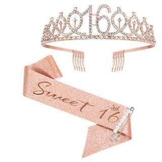 16th Birthday Sash and Tiara for Girls Sweet Sixteen Birthday Sash Crown 16 & Fa
