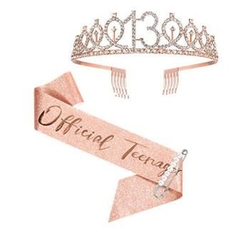 13th Birthday Sash and Crown for Girls Rose Gold Official Teenager Sash and Tiar