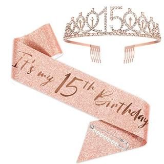 15th Birthday Sash and Tiara for Girls Rose Gold Birthday Sash Crown 15 & Fabulo