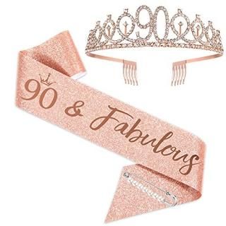 90th Birthday Sash and Tiara for Women Rose Gold Birthday Sash Crown 90 & Fabulo