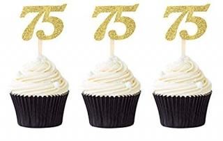24 PCS Number 75 Cupcake Toppers Gold Glitter 75th Birthday Cupcake Picks Birthd