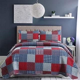 Red Blue Plaid Quilt Full/Queen Size Patchwork Bedspread Country Quilt Blue Whit