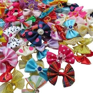 Chenkou Craft Random of 100pcs New Dog Hair Bow with Rubber Band Rhinestone Pet 