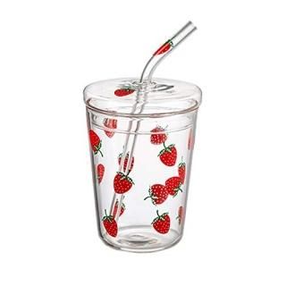 JHNIF 10 Oz Lovely Strawberry Clear Glass Tumbler with Lid and Straw.