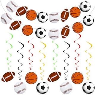 2 Pieces Sports Theme Banner and 16 Pieces Hanging Swirl Sports Bunting Hanging 