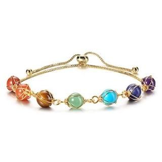 Top Plaza Healing Crystal Stone Chakra Bracelets Adjustable 14K Gold Plated Ankl