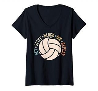 Womens Set Spike Block Dig Repeat Sport Net Beach Volley Volleyball V-Neck T-Shi