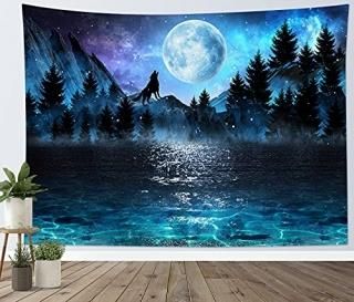 LB Moon Over Ocean Tapestry Wall Hanging Galaxy Wolf on Mountain Wall Tapestry 3