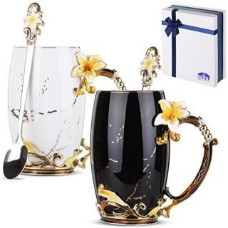 BTaT - Fancy Coffee Mugs with Spoon Floral Coffee Mugs Set of 2 Black and White 