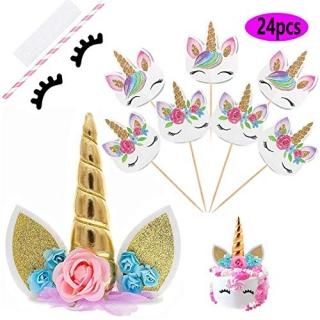 Unicorn Cake Topper with Eyelashes and 24 Pieces Double Sided Unicorn Cupcake To