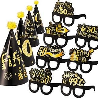 26 Pieces 50th Birthday Party Decoration Glasses and Hats Kits Black Gold Theme 