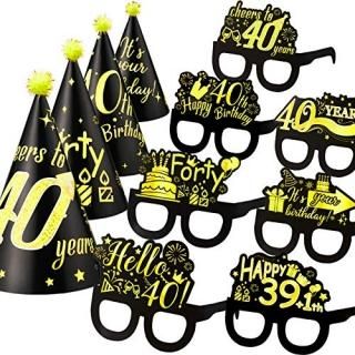 26 Pieces 40th Birthday Party Decoration Glasses and Hats Kits Black Gold Theme 
