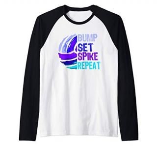 Girls Volleyball Bump Set Spike Repeat Blue Purple Teen Raglan Baseball Tee