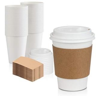 50 Pack White Coffee Cups with White Dome Lids and Brown Sleeves - 12oz Disposab