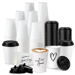 Disposable 12 Oz. White Coffee Cup Set 100 Paper Cups with Black Resealable Lids