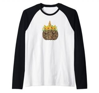 Cute Unicorn Pumpkin Sunflower Cheetah Print Thanksgiving Raglan Baseball Tee