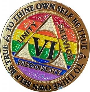 6 Year AA Medallion Reflex Rainbow Glitter and Gold Plated Sobriety Chip VI
