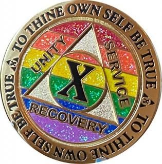 10 Year AA Medallion Reflex Rainbow Glitter and Gold Plated Sobriety Chip