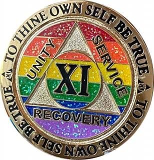 11 Year AA Medallion Reflex Rainbow Glitter and Gold Plated Sobriety Chip XI