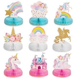 Outus 9 Pieces Rainbow Unicorn Honeycomb Centerpiece Shiny Unicorn Honeycomb Tab