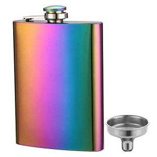 YFS Solid Rainbow Colored Flask for Liquor and Funnel 8 Oz Leak Proof Stainless 