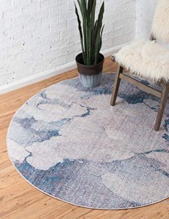 Unique Loom Rainbow Collection Modern Abstract Watercolor Blue Gray Round Rug 3'