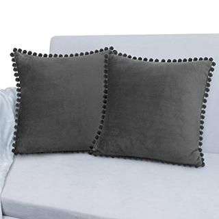 PAVILIA Dark Gray Throw Pillow Covers 20x20 Set of 2 Pom Pom  Decorative Velvet 