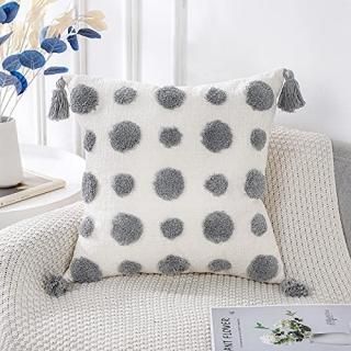 PANOD Boho Light Grey Tufted Throw Pillow Covers with Tassel 16x16 inchSoft Crea