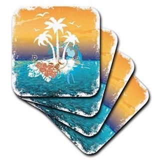 set-of-4-Soft - 3dRose cst_152566_1 A Pretty Island Scene with Palm Trees and Tr