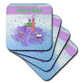 set-of-4-Ceramic - 3dRose Glitter Look Castle with Fairy Princess and Unicorn Ha