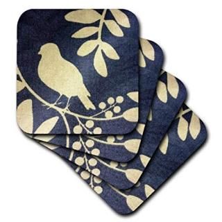 set-of-4-Soft - 3dRose cst_39683_1 Ivory Bird on Navy Blue Soft Coasters Set of 