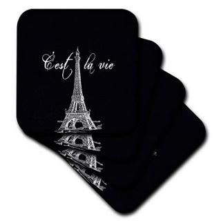 set-of-4-Soft - 3dRose cst_178953_1 French Black and White Eiffel Tower Soft Coa
