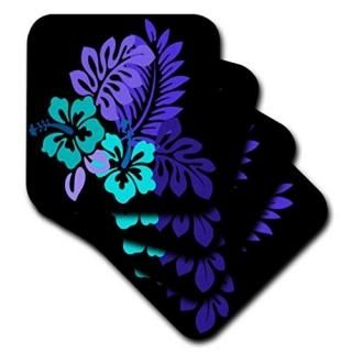 set-of-4-Soft - 3dRose cst_41667_1 Hawaiian Turquoise N Purple Floral on Black-S