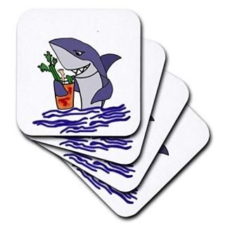 set-of-4-Ceramic - 3dRose Funny Shark Drinking Bloody Mary Drink - Ceramic Tile 