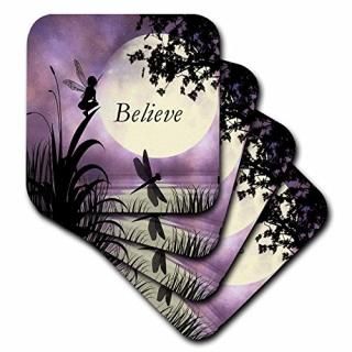 set-of-4-Ceramic - 3dRose LLC believe Fairy with Dragonflies with Moon and Purpl