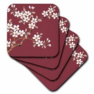 set-of-4-Soft - 3dRose cst_45155_1 Japanese White Flowers on Maroon Soft Coaster