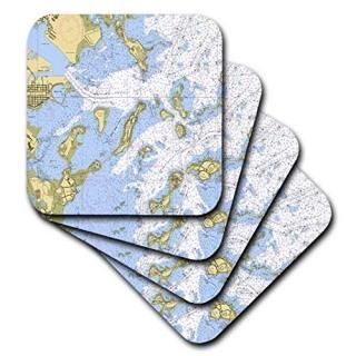 set-of-4-Ceramic - Florene - Nautical Map Decor - Print of Boston Harbour Nautic