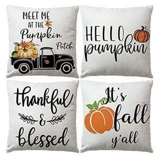 4Pack Hello Pumpkin Throw Pillow Covers Retro Pumpkin Truck/Thankful&Blessed Cus