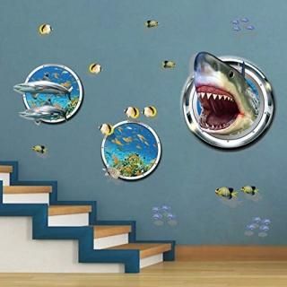 ufengke 3D Shark Broken Wall Stickers Tropical Fish DIY Wall Decals Art Decor fo