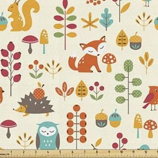 Ambesonne Cartoon Fabric by The Yard Autumn Pattern Owl Fox Squirrel Birds Anima