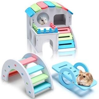 3 Pieces Fun Hamster Toys Include Wooden Hamster House Rainbow Bridge Hamster Se