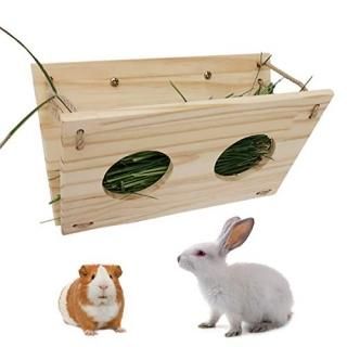 Rabbit Wooden Hay Rack Multi-Functional Manger Grass Holder for Small Pets Bunny
