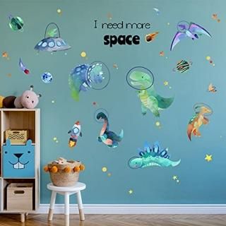 Yovkky Watercolor Space Dinosaurs Astronauts Wall Decal Peel Stick Dino Animal P