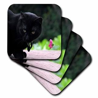 set-of-4-Ceramic - 3dRose cst_27309_3 Black Cat with Flower-Ceramic Tile Coaster