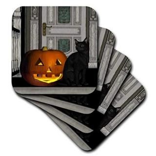 3dRose cst_28913_2 Black Cat with Jack O Lantern-Soft Coasters Set of 8