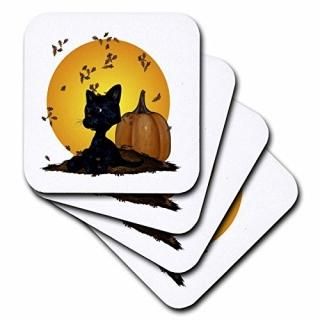 set-of-4-Soft - 3dRose cst_19396_1 Black Cat with Pumpkins and Halloween Moon So