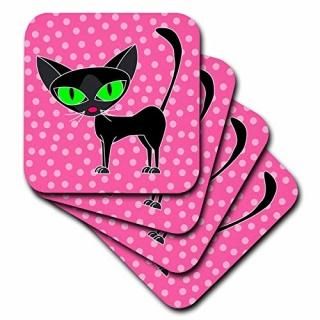 set-of-8-Soft - 3dRose cst_6357_2 Fancy Feline Black Cat Pink Dots Design Soft C