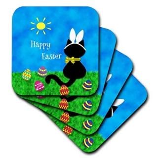 set-of-4-Soft - 3dRose cst_180667_1 Cute Black Cat Happy Easter Soft Coasters Se