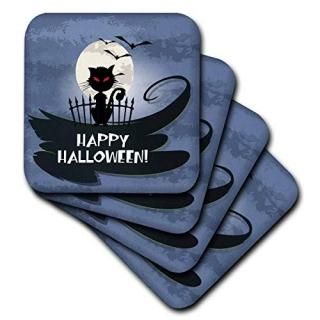 set-of-4-Ceramic - 3dRose cst_150147_3 Happy Halloween Greeting Spooky Black Cat