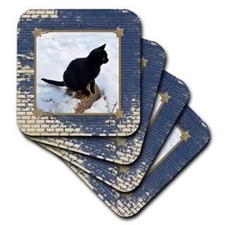 set-of-8-Soft - 3dRose cst_180848_2 Frisky Black Cat on Log in Snow Ready to Lea